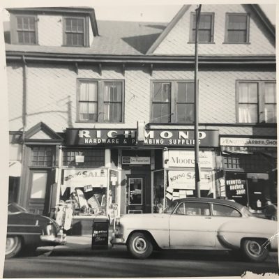 Black + white photo of store